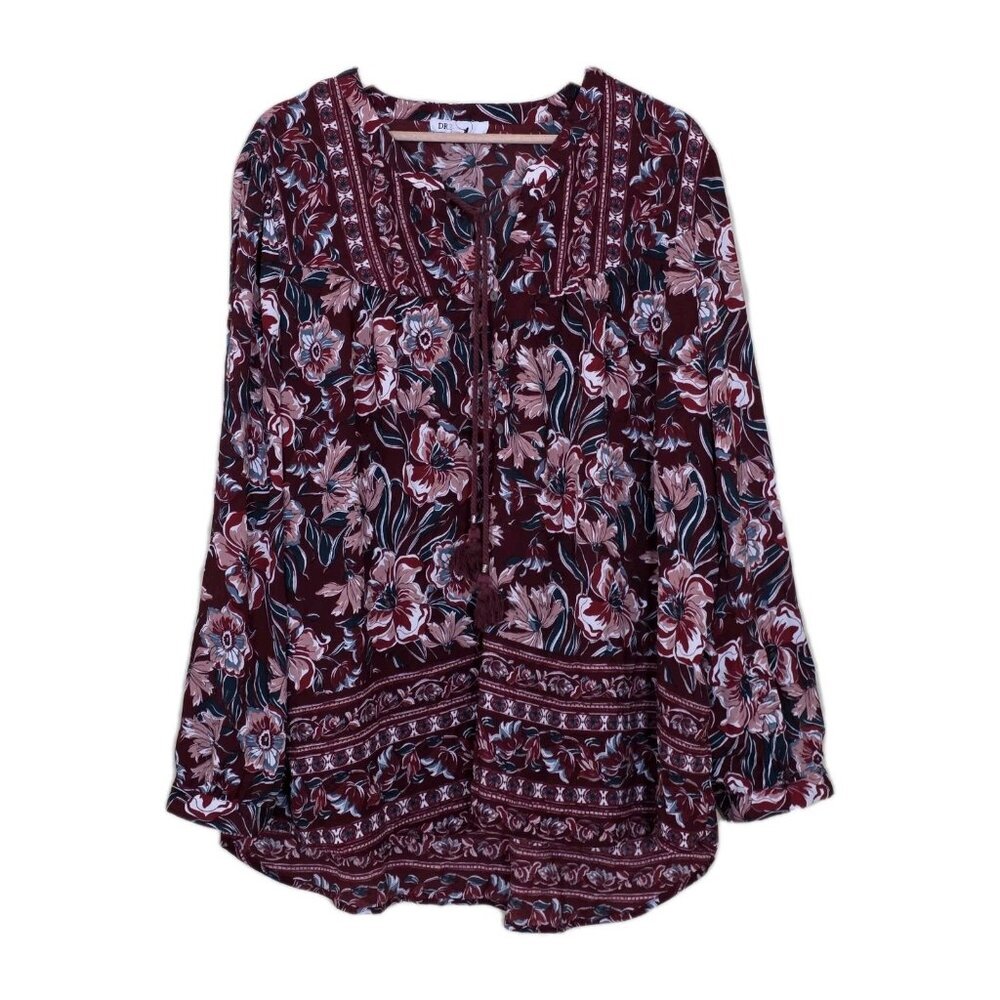 DR2 Tunic Top Womens XL Brown Multicolor Babydoll Floral Peasant Boho Lagenlook